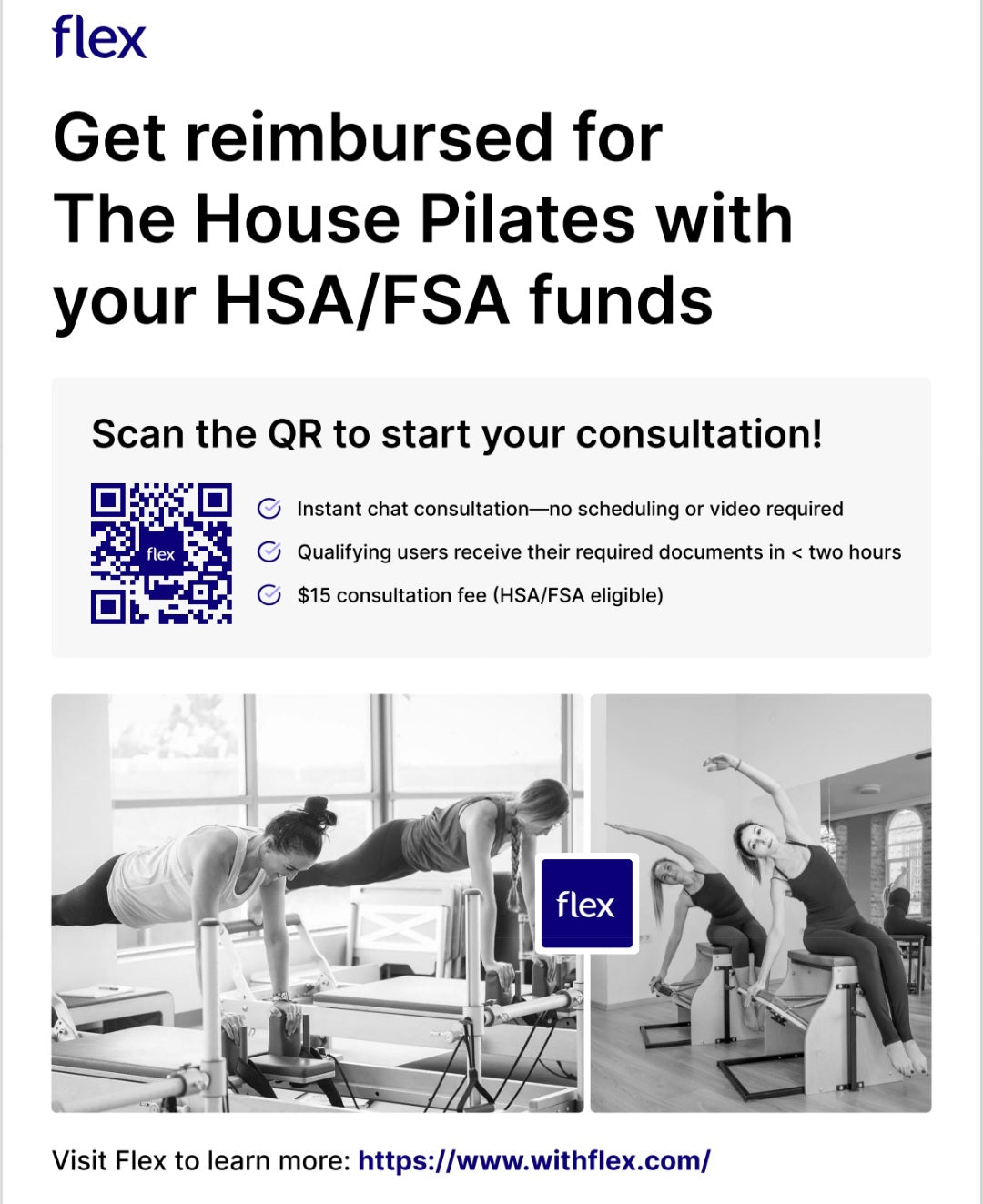 HSA FSA Pilates Reimbursement flyer with QR Code